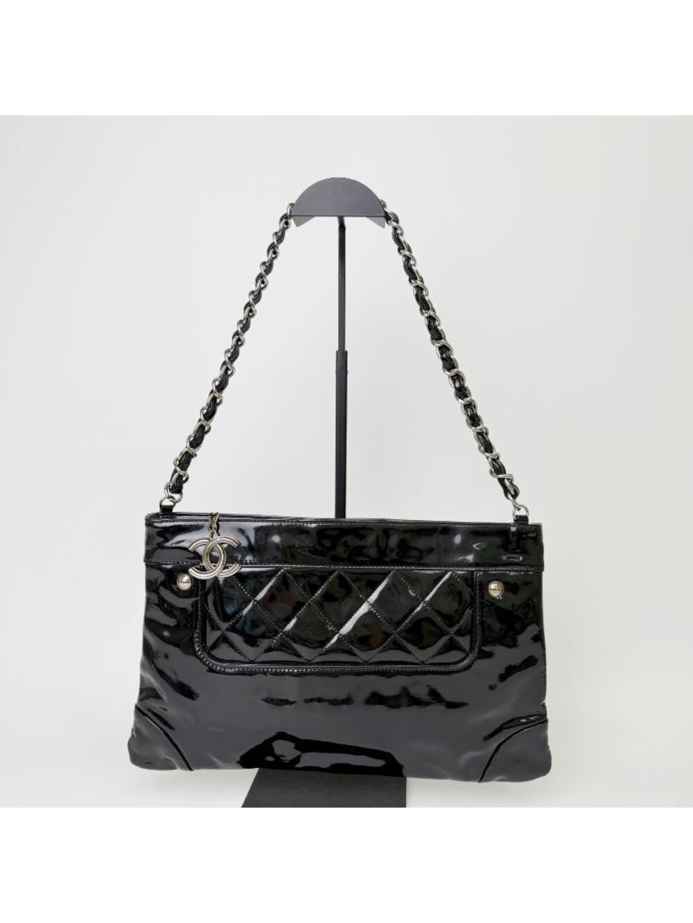 Chanel CC Logo Charm Quilted Chain Shoulder Bag Patent Leather Black Silver